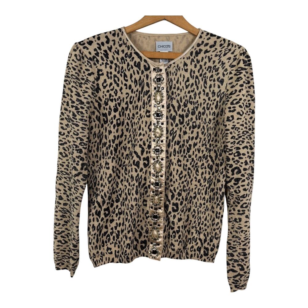 Chico's Women Animal Print Cardigan Sweater Size 0 (US Small/4) Beaded Metallic